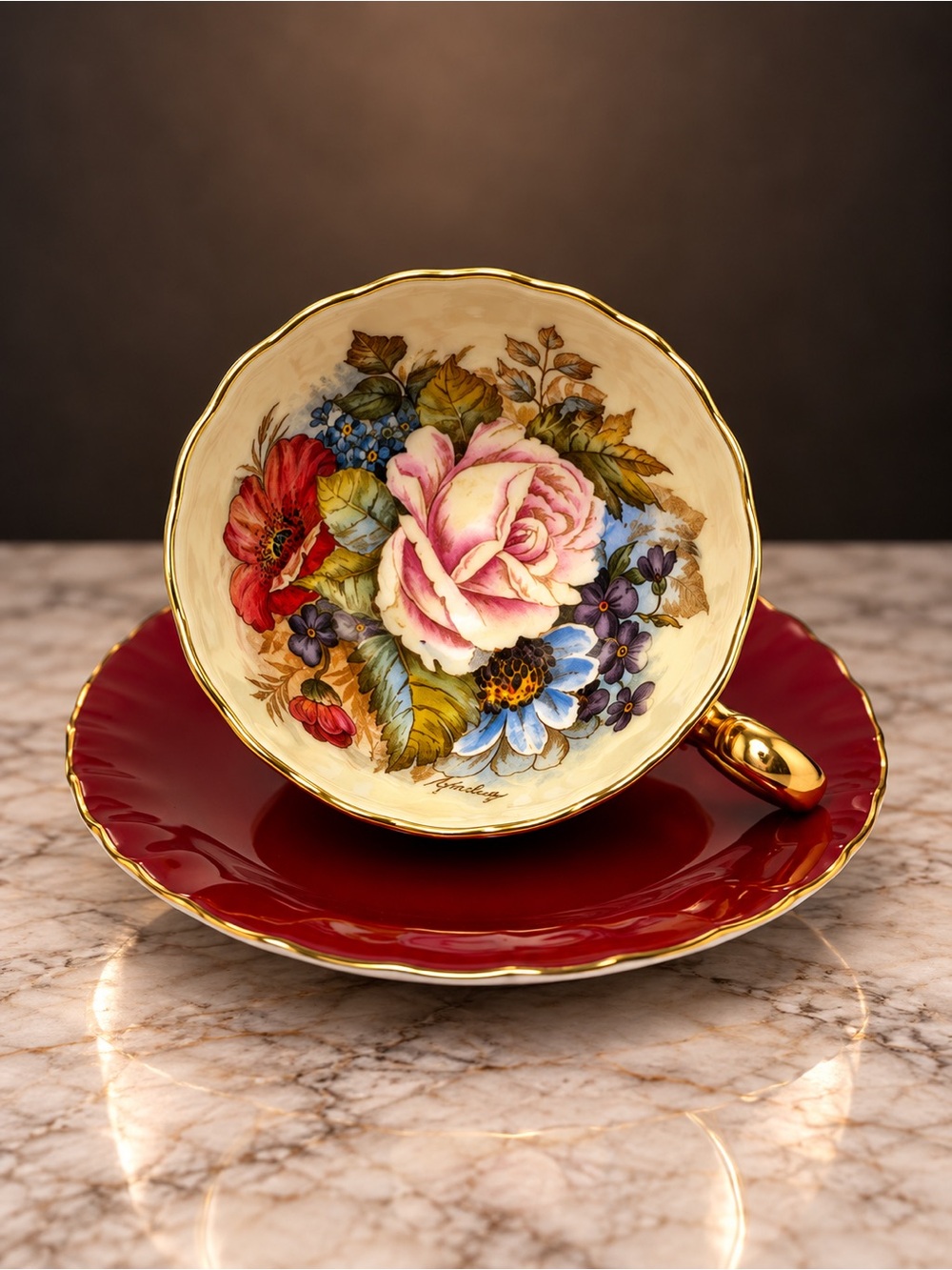 Vintage Floral Gold-Trim Ansley Teacup and Saucer - Red